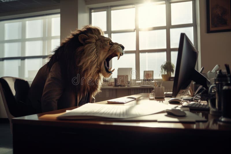 An anthropomorphic lion roaring in his office, A lion businessman who shows his authority in the office, Generative AI vector illustration