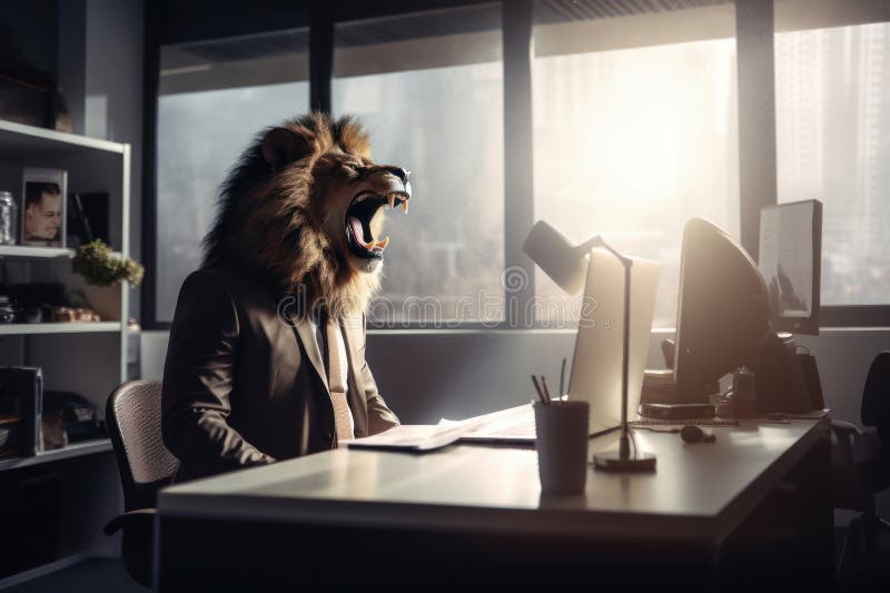 An anthropomorphic lion roaring in his office, A lion businessman who shows his authority in the office, Generative AI royalty free illustration