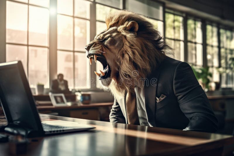 An anthropomorphic lion roaring in his office, A lion businessman who shows his authority in the office, Generative AI stock illustration