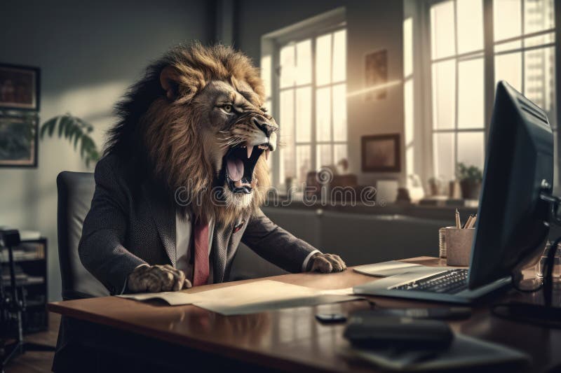 An anthropomorphic lion roaring in his office, A lion businessman who shows his authority in the office, Generative AI royalty free illustration