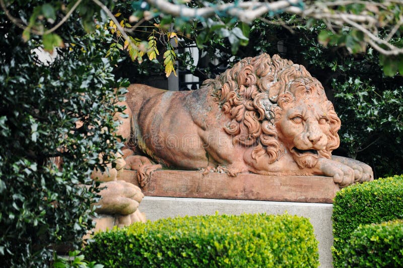 Lion statue in formal garden stock images