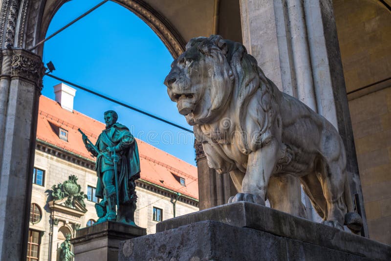 Lion Statue in Front of Feldherrnhalle at Odeonsplatz, Munich Stock