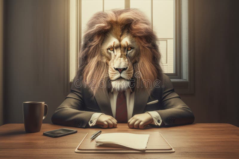 An anthropomorphic lion in his office, How to be a leader in difficult times, Generative AI stock illustration