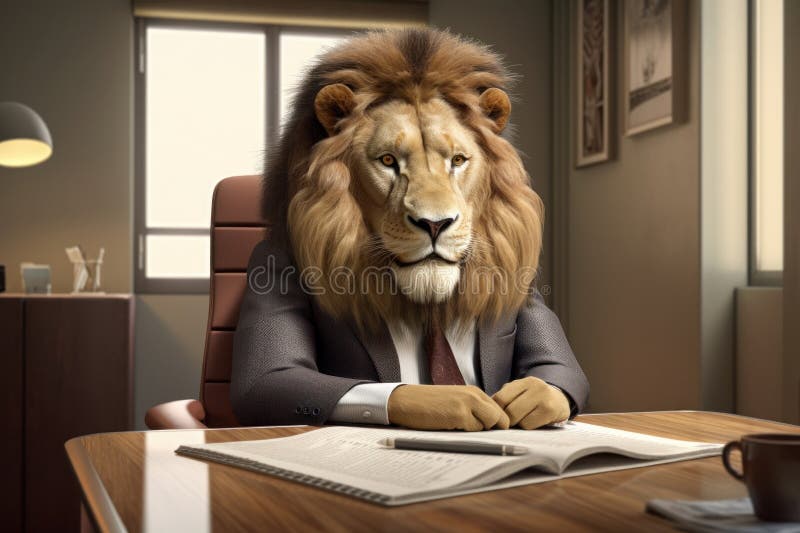 An anthropomorphic lion in his office, How to be a leader in difficult times, Generative AI stock illustration