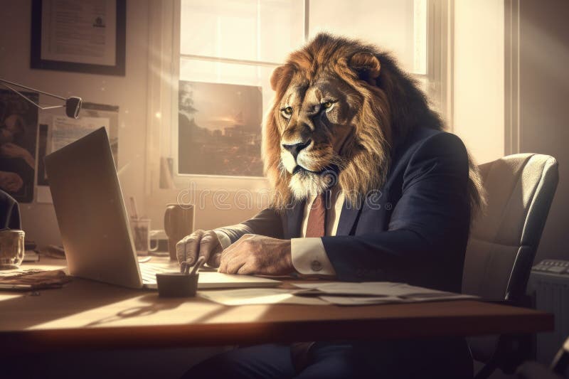 An anthropomorphic lion in his office, How to be a leader in difficult times, Generative AI stock illustration