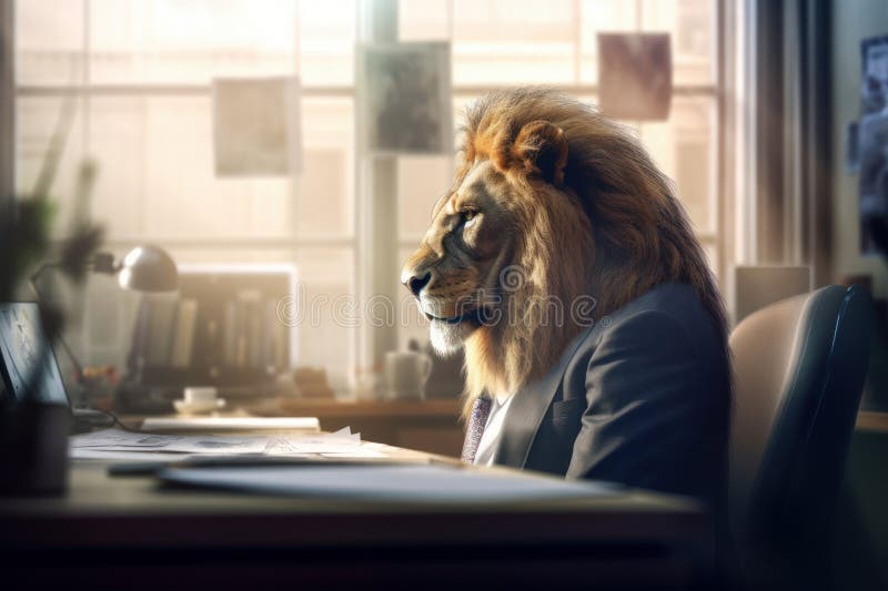 An anthropomorphic lion in his office, How to be a leader in difficult times, Generative AI vector illustration