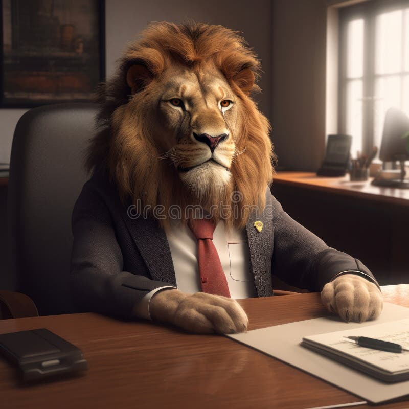 An anthropomorphic lion in his office, How to be a leader in difficult times, Generative AI. The lion is a symbol of strength,. courage and authority but it can also have problems and worries like any person. The image may suggest that the lion is facing a challenge,. a difficult situation or an existential doubt. It may also convey the idea that the lion feels lonely,. overwhelmed or dissatisfied with his life