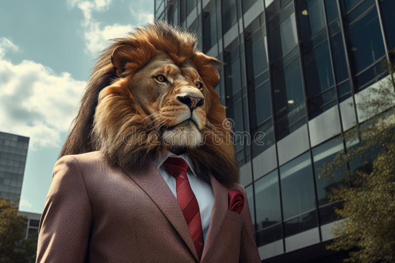 Un leu într-un costum special stând lângă o clădire corporativă stock images
