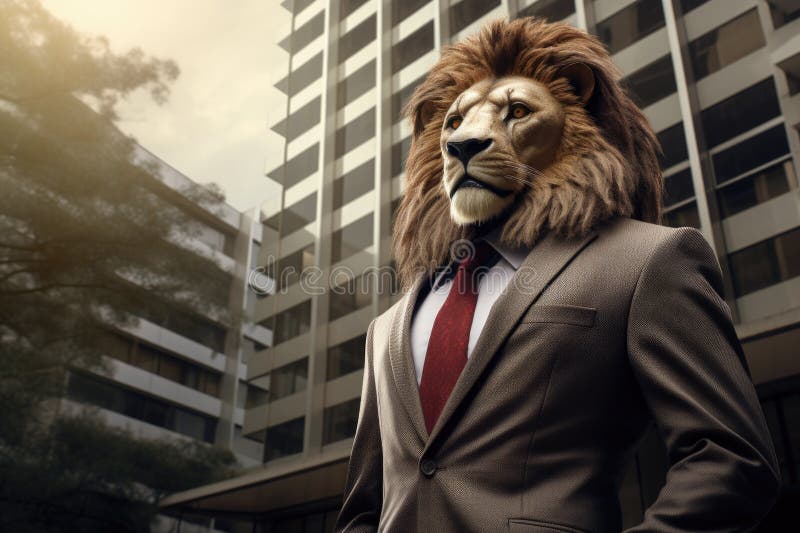 Un leu într-un costum special stând lângă o clădire corporativă royalty free stock photography