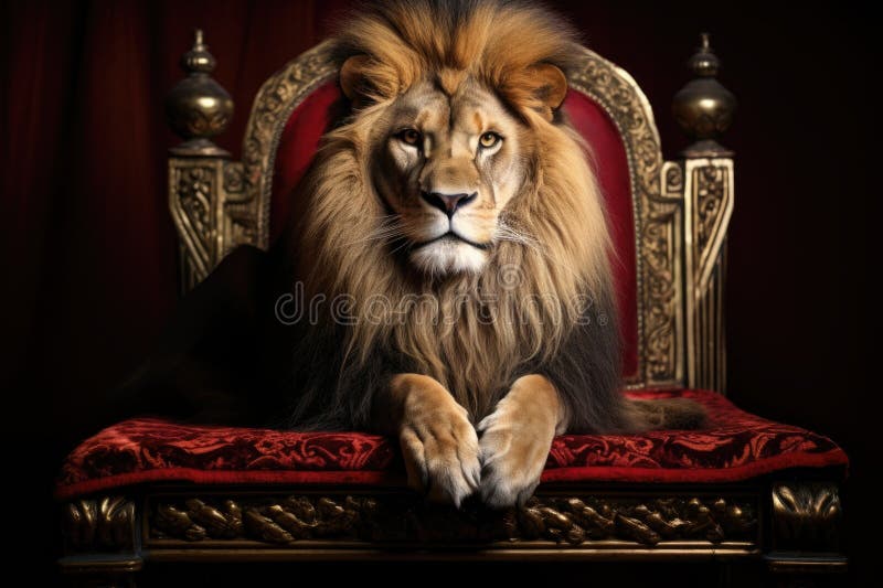 A lion on a throne with a crown resting beside him stock photo