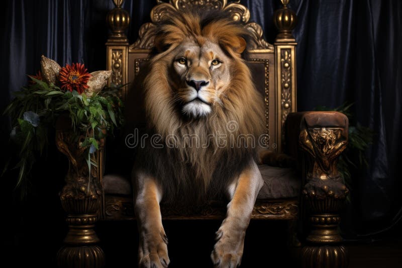 A lion on a throne with a crown resting beside him stock photos