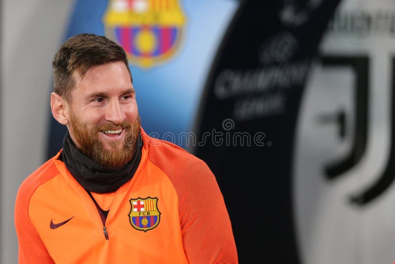 Lionel Messi. Of Fc Barcelona   takes part in a training session on the eve of the UEFA Champions League football match between Juventus FC and Fc Barcelona stock image