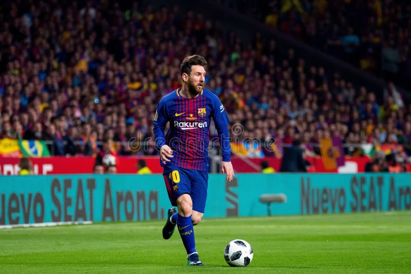 Lionel Messi plays at the Copa del Rey final match between Sevilla FC and FC Barcelona at Wanda Metropolitano. MADRID - APR 21: Lionel Messi plays at the Copa stock photo