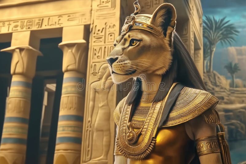 Lionenbeschlagene egyptische Göttin sekhet im alten Tempel stock abbildung