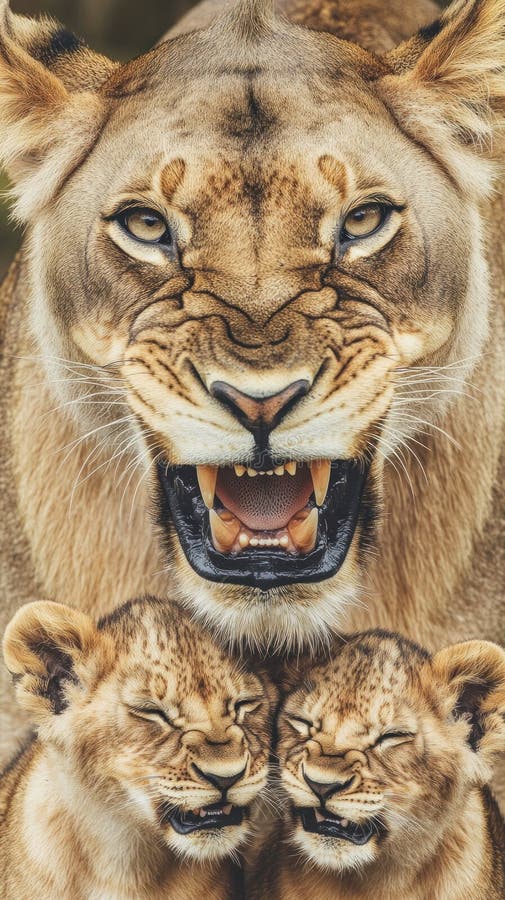 Lionesa poderosa con dos cachorros ilustración del vector