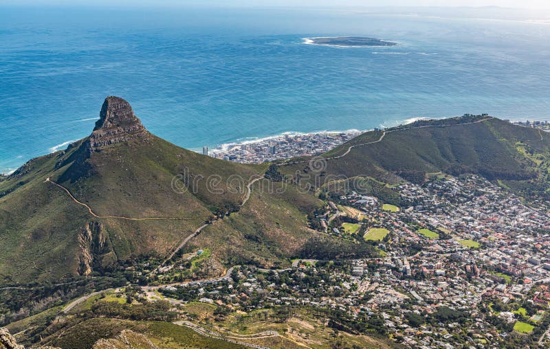 Lions Head and Robben Island view from Table Mountain, Cape Town