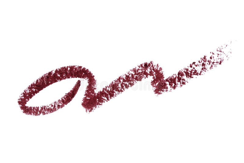 lip liner stroke smear smudge isolated on white. Trace makeup pencil burgundi color. Lip pencil stroke curly shape. Make up product texture. Woman cosmetic crayon. Macro, from above