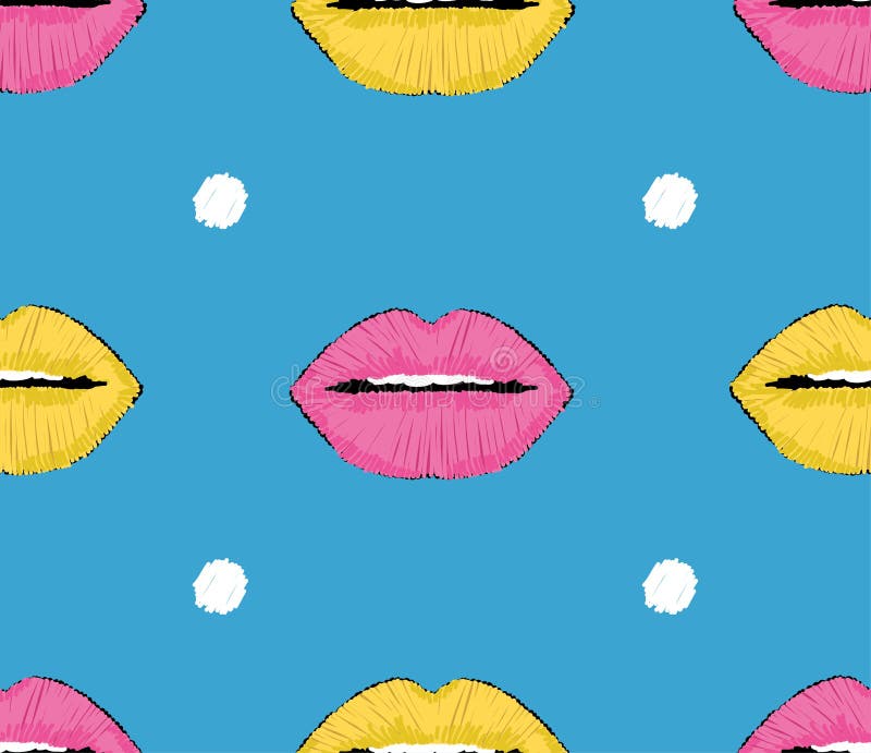 Lip pop art pattern. Stylish modern design. Embroidery pink and yellow lips with dots pop art seamless pattern. Stylish modern design. Perfect for trendy royalty free illustration Lip pop art pattern. Stylish modern design. Embroidery pink and yellow lips with dots pop art seamless pattern. Stylish modern design. Perfect for trendy royalty free illustration