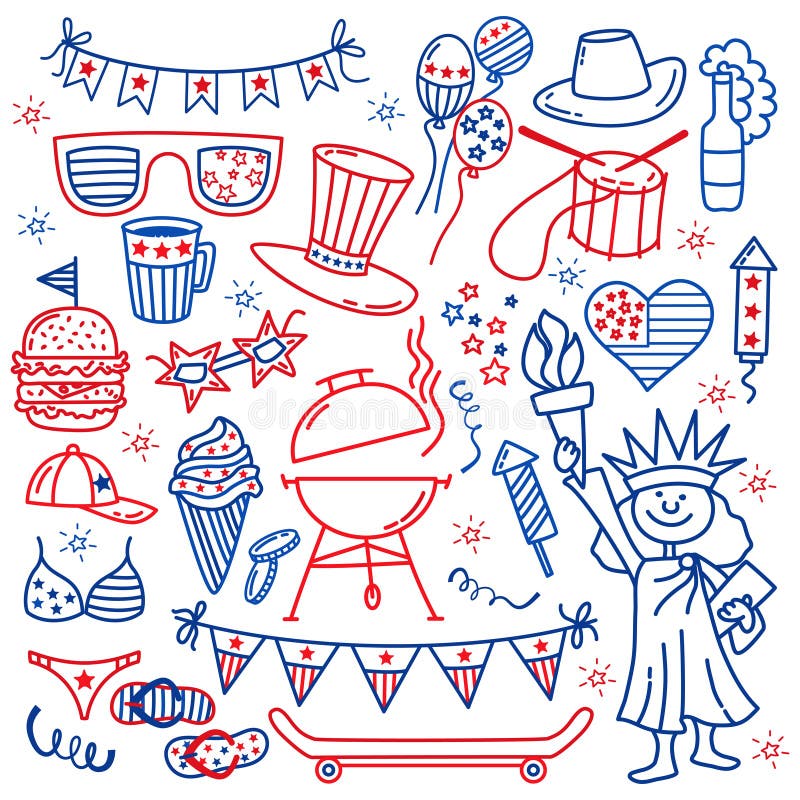 4 Lipiec USA dnia niepodległości ikony odizolowywać na białym tle Ręka remisu Stany Zjednoczone tradycyjni symbole doodle ilustracja wektor 4 Lipiec USA dnia niepodległości ikony odizolowywać na białym tle Ręka remisu Stany Zjednoczone tradycyjni symbole doodle ilustracja wektor