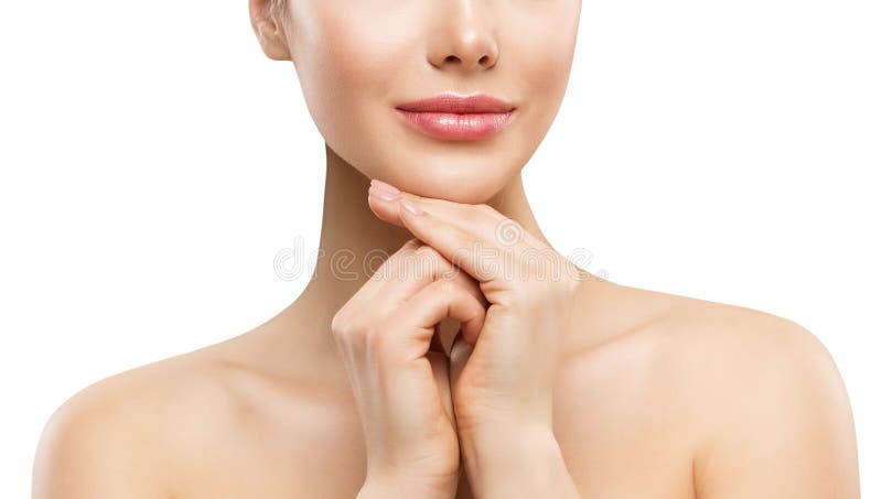 Lips Face Beauty Woman Close up Portrait over White. Model with Plump Lip and Nude Nail Polish Hands under Chin. Healthy Skin Care