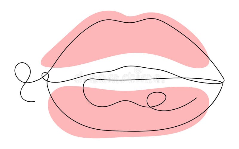 Pink Lips on a White Background. Line Art Drawing. Endless Lip Drawing
