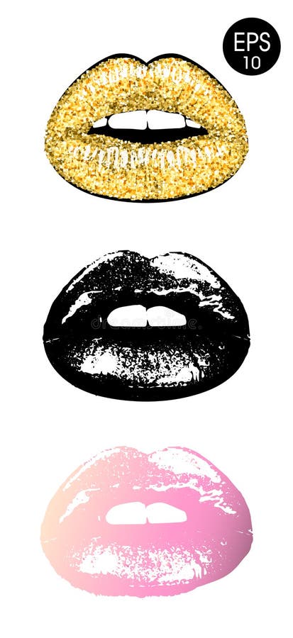 Lips set. Vector Woman`s Golden lips. Black lips silhouette. Pink lips illustration vector illustration Lips set. Vector Woman`s Golden lips. Black lips silhouette. Pink lips illustration vector illustration