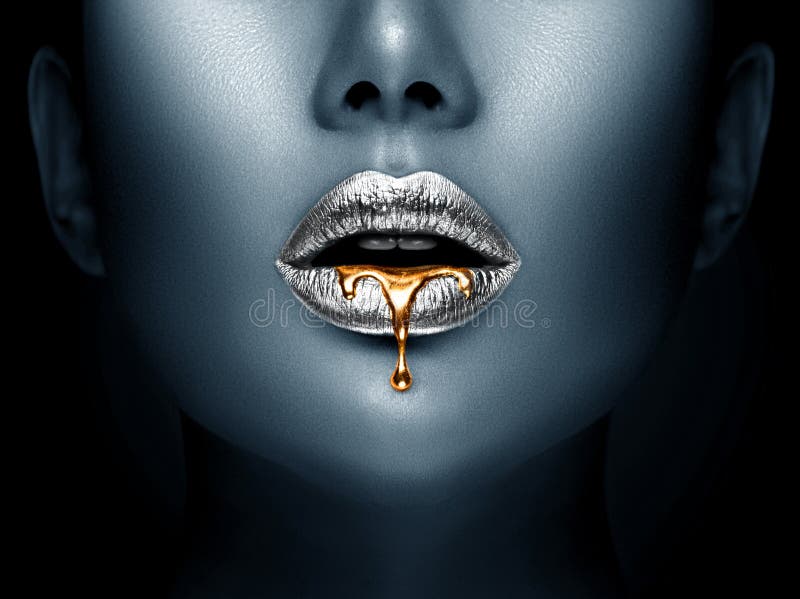 Lipstick Dripping Paint Drips Lipgloss Dripping From Lips Liquid Gold Metallic Paint Drops On