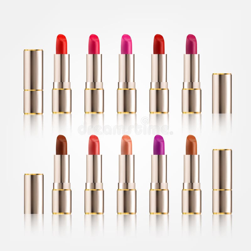 Download Lipstick Set With Different Colors In Packaging Design Cosmetics Mock-up Realistic Style On ...