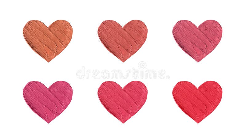 Lipstick smear smudge texture different hue colors heart shape isolated on white background. Template swatch set. Nude, red and pink colours