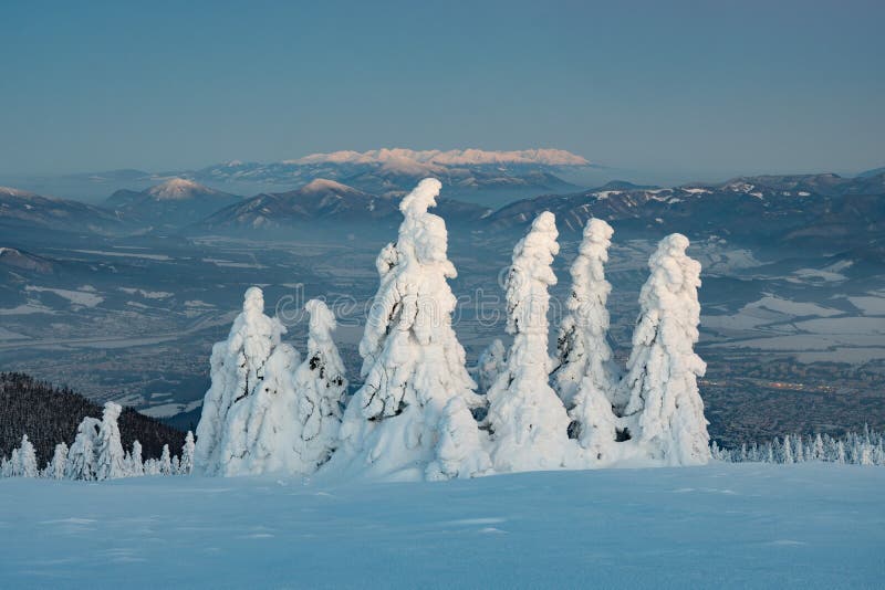 Liptov valley from Vidlica peak in Mala Fatra during winter