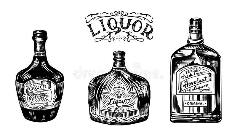 Liquor in a glass bottle. Alcoholic beverage or strong drink. Dessert wine and Retro label. Engraved hand drawn vintage sketch. Woodcut style. Vector illustration for menu or poster. Vector illustration. Liquor in a glass bottle. Alcoholic beverage or strong drink. Dessert wine and Retro label. Engraved hand drawn vintage sketch. Woodcut style. Vector illustration for menu or poster. Vector illustration