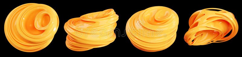 Liquid abstractions 3d rendering shapes set. Yellow smooth shiny material on isolated black background. Horizontal long collage royalty free illustration Liquid abstractions 3d rendering shapes set. Yellow smooth shiny material on isolated black background. Horizontal long collage royalty free illustration