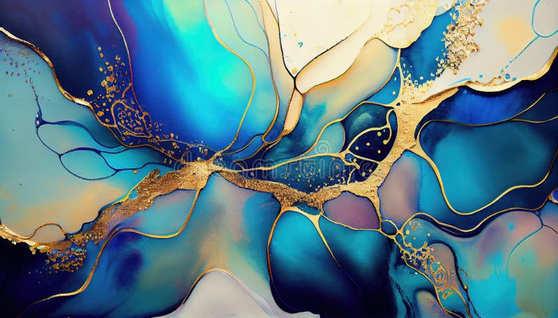 Liquid Abstrct Blue and Gold Alcohol Ink Painting Background AI Generative