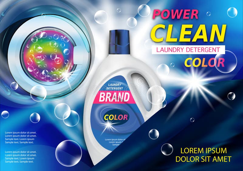 Liquid Detergents ads for color fabric with elements washing machine. Laundry detergent in plastic container. Bright package vector illustration
