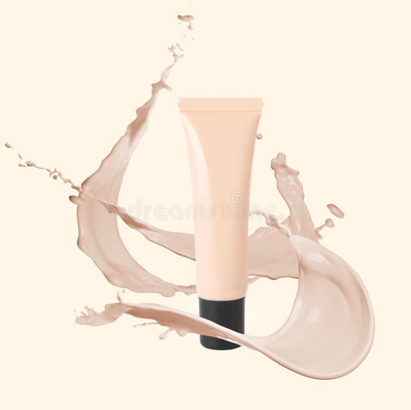 Liquid Foundation in Tube and Splashes of Makeup Product on Beige