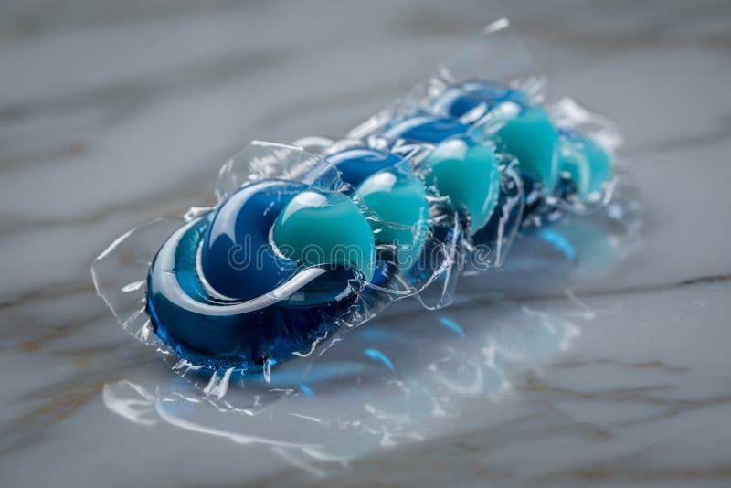 Liquid Laundry Detergent Pods with Gel and Softener in Blue Stock Photo