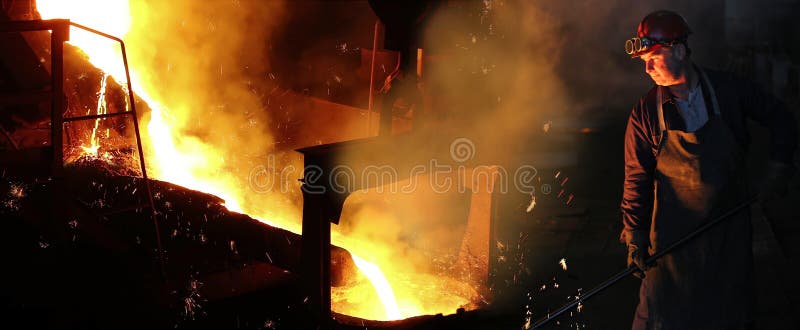 Liquid metal in the foundry, melting iron in furnace, steel mill. Worker with goggles and helmet controlling iron smelting in furnaces, applying heat to ore in stock photography Liquid metal in the foundry, melting iron in furnace, steel mill. Worker with goggles and helmet controlling iron smelting in furnaces, applying heat to ore in stock photography