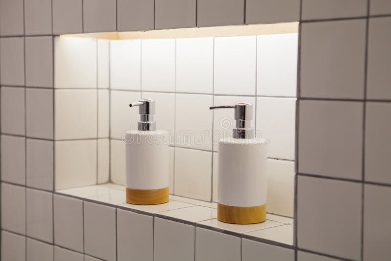 Liquid Soap Bottle with Tile Background Bathroom Accessories. Stock Image Image of