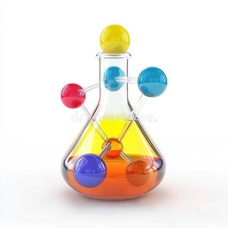 Liquide coloré dans le flacon Erlenmeyer avec modèle moléculaire. Contexte scientifique abstrait : liquide coloré dans une fiole Erlenmeyer en verre avec modèle moléculaire. Parfait pour les projets éducatifs ou scientifiques.