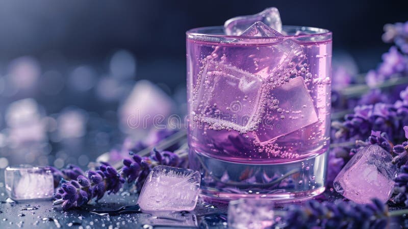 Purple liquid in a transparent glass with ice cubes and delicate lavender flowers placed on a wooden table AI generated. Purple liquid in a transparent glass with ice cubes and delicate lavender flowers placed on a wooden table AI generated