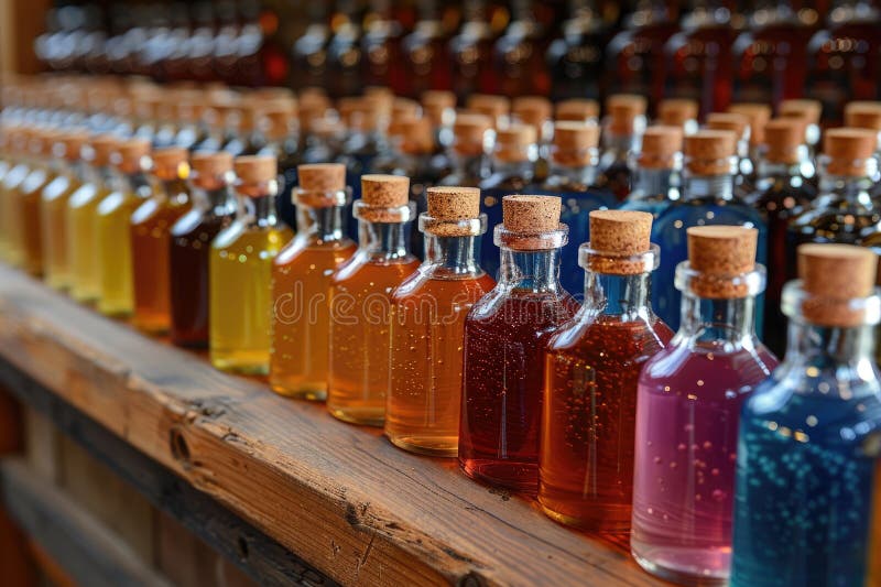 Liquides colorés vibrants en bouteilles de verre sur plateau en bois illustration de vecteur