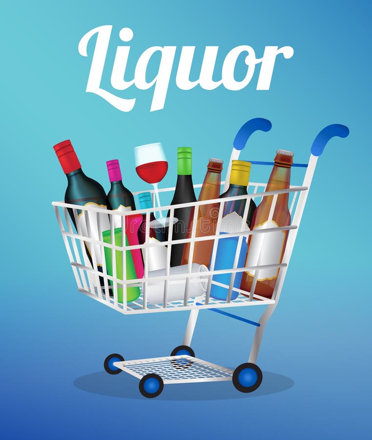 Liquors Bottle and Can on a Shopping Cart Stock Vector Illustration