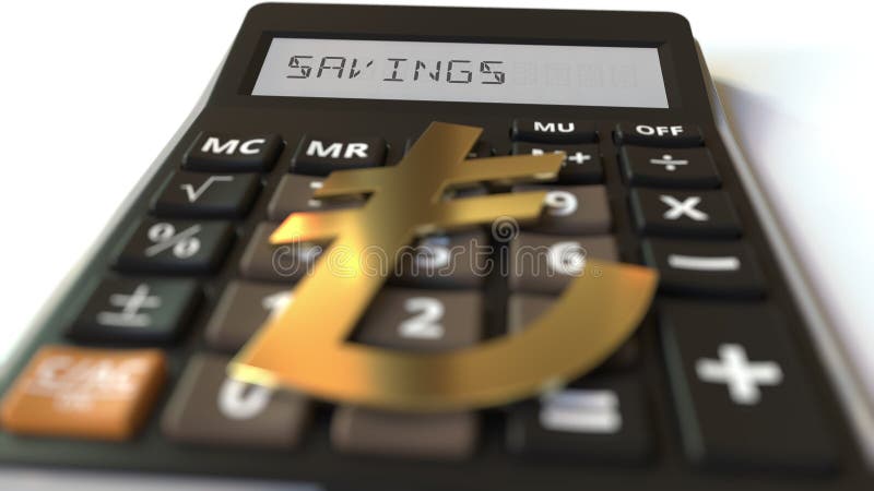 Lira currency symbol on the keys and SAVINGS text on calculator display. Conceptual 3d rendering royalty free illustration