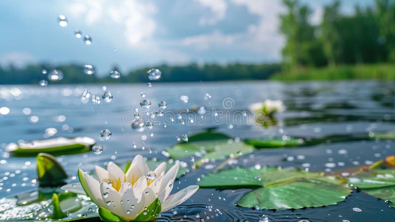 Lirio de agua floreciendo en la superficie del lago con caídas de lluvia salpicando libre illustration