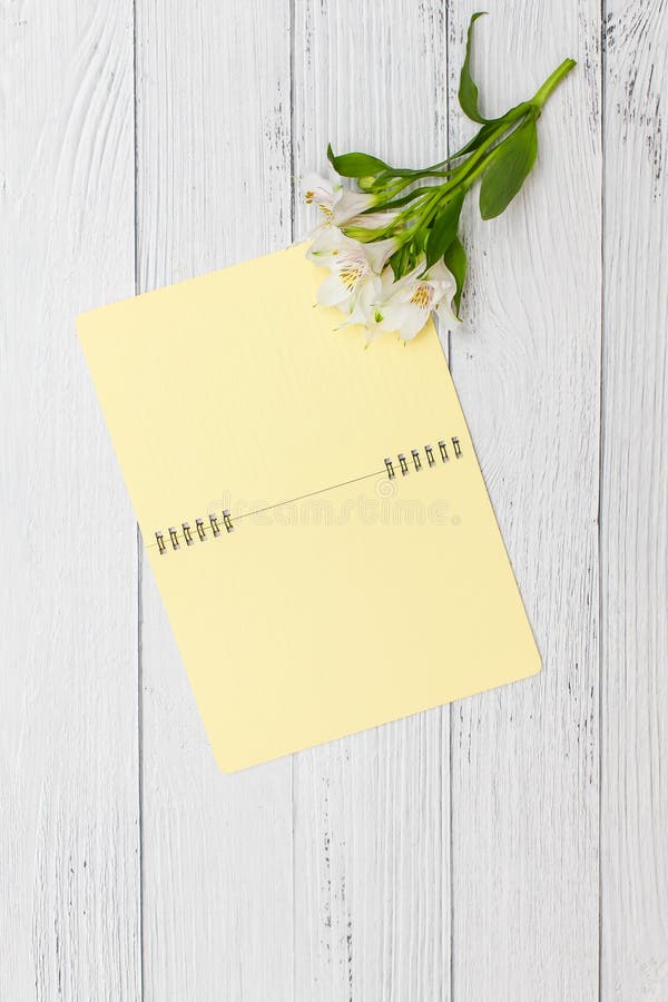 Lis blancs avec le carnet jaune sur la table en bois blanche, vue sup?rieure, configuration plate image libre de droits Lis blancs avec le carnet jaune sur la table en bois blanche, vue sup?rieure, configuration plate image libre de droits