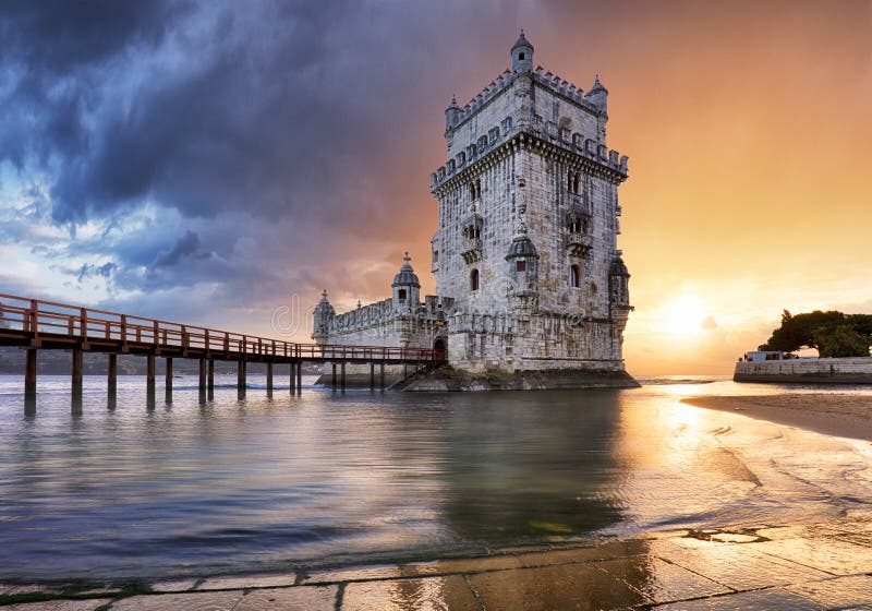 Lisbon, Belem tower at sunset, Lisboa - Portugal.