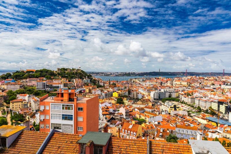 Lisbon, Portugal skyline with Sao Jorge Castle. Panoramic aerial view of Lisbon, Portugal. Panorama view of old town Lisbon and royalty free stock photography Lisbon, Portugal skyline with Sao Jorge Castle. Panoramic aerial view of Lisbon, Portugal. Panorama view of old town Lisbon and royalty free stock photography