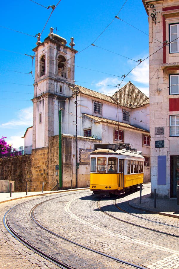 Lisbon tram on urban tramway network. Alfama district route. Portugal