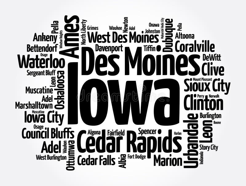 List of Cities in Iowa USA State, Word Cloud Concept Background Stock