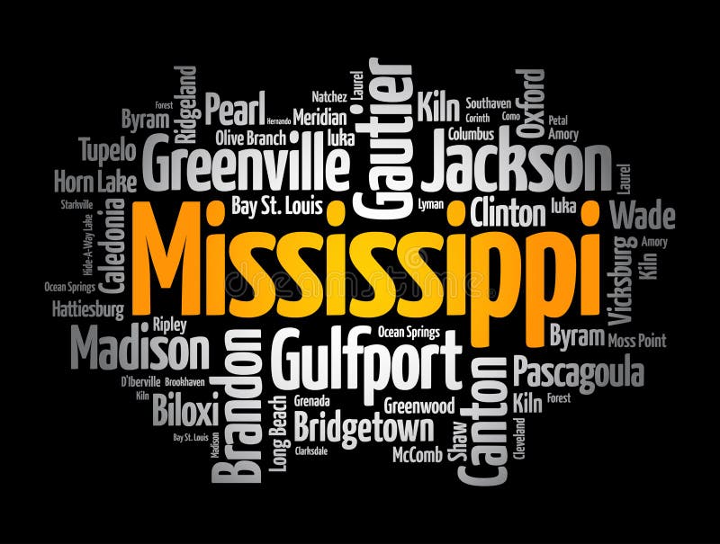 List of Cities in Mississippi USA State, Word Cloud Concept Background